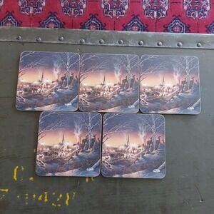 Terry Redlin Vintage Art Coasters Set of 5 Evening Glow Winter Scene Cork Backed